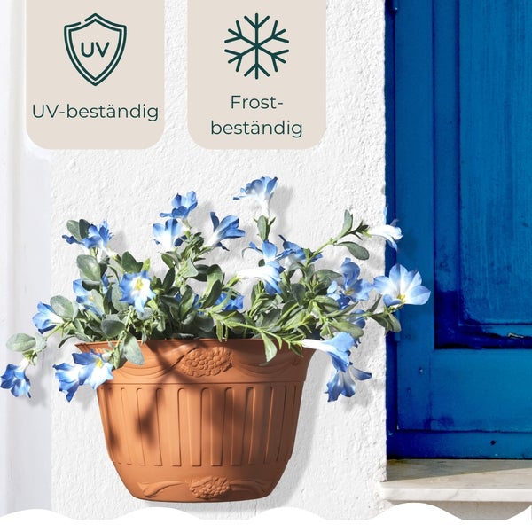 Wandblumentopf mit blauen Blumen, UV-beständig Symbol, Frostbeständig Symbol