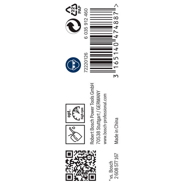 Informationen zu Bosch Elektrowerkzeugen, Standort Stuttgart, Hinweis auf hohe Drehzahl, Ölbedarf, Recyclinghinweis Papier und Barcode.