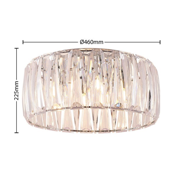 Runde Deckenleuchte mit transparenten Kristallelementen, Durchmesser 460 Millimeter, Höhe 225 Millimeter.