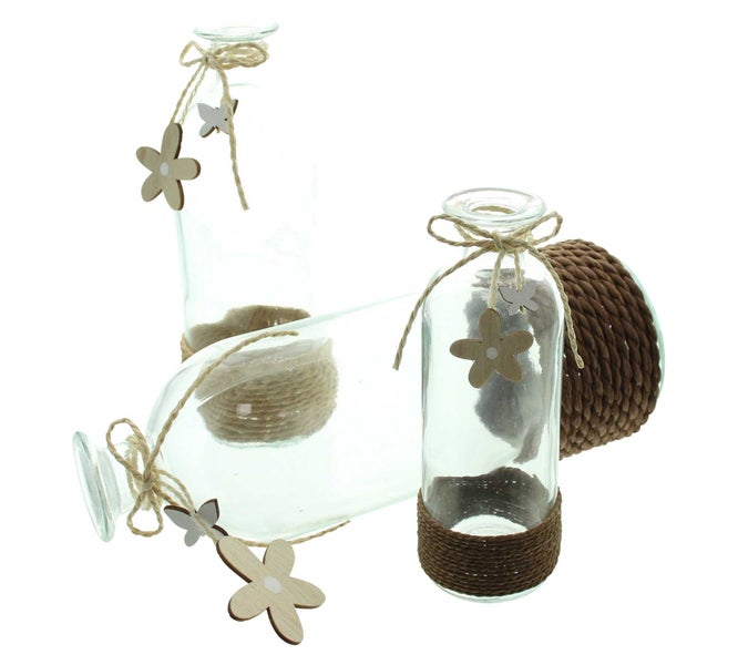 FRANK FLECHTWAREN | Dekovase Blume & Schmetterling, 3er Set, GLAS, HOLZ, SISAL, 5,5 x 5,5 x 16 cm, 7 x 7 x 20 cm, 8 x 8 x 26 cm