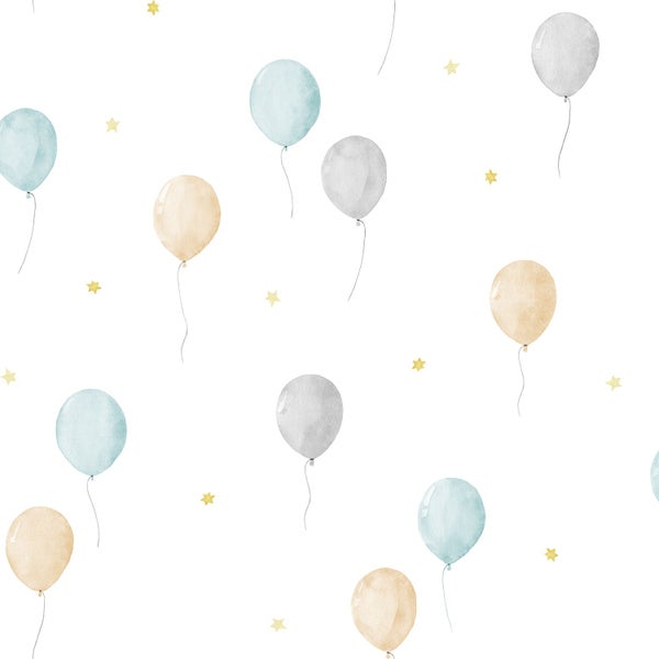 Tapete mit Aquarellmotiv aus Luftballons und kleinen Sternen.