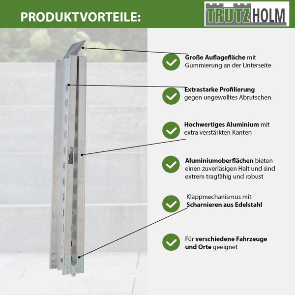Tragbare Aluminiumrampe zusammengeklappt mit Produktvorteilen und Trutzholm Logo