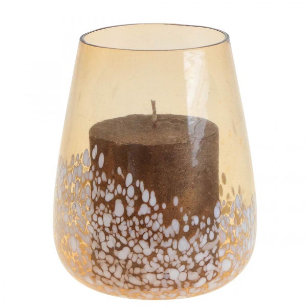 Windlicht aus Glas in Bernstein-Optik mit weißem Punktemuster und brauner Stumpenkerze.