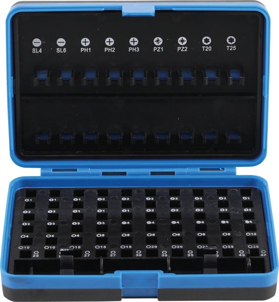 Leere Bit-Box aus Kunststoff in Blau mit beschrifteten Halterungen für verschiedene Schrauberbits wie Schlitz, Phillips, Pozidriv und Torx.