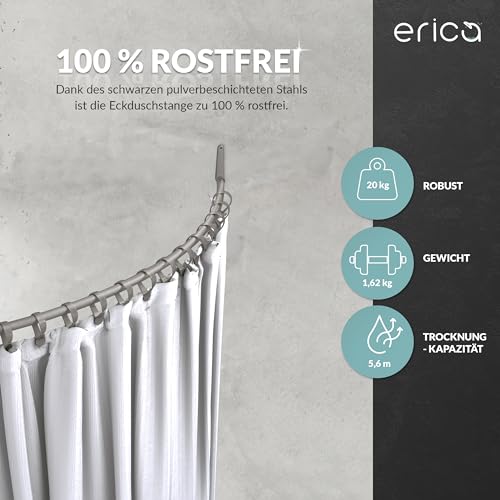 Erica Duschvorhangstange Ecke, 140x140 cm, Duschstange Winkel, Wandmontage für Badewannen, unterstützt ohne Deckenbefestigung, Stahl mit Grauer Kunststoffbeschichtung, 100% Rostfrei