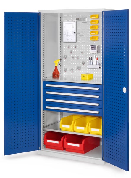 Werkstattschrank mit Lochwand, Schubladen und Lagerboxen