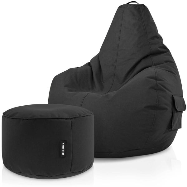 Green Bean 2er Set Sitzsack + Hocker - fertig befüllt - robust waschbar schmutzabweisend - Kinder & Erwachsene Bean Bag Bodenkissen Lounge Sitzhocker Relax-Sessel Gamer Gamingstuhl Pouf - Schwarz