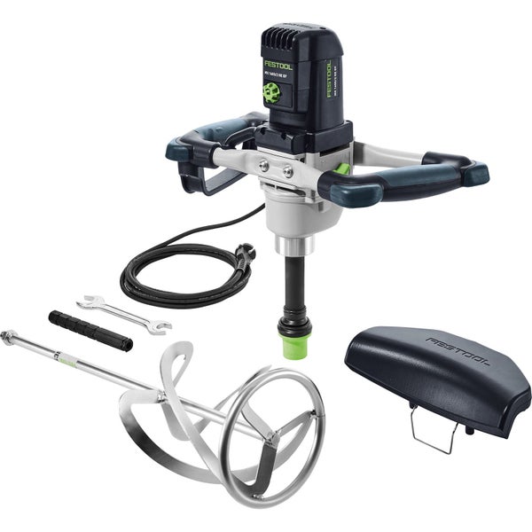 Festool Rührwerk MX 1600/2 RE EF mit Rührstab, Gabelschlüssel und Zubehör zum Mischen von Baustoffen.