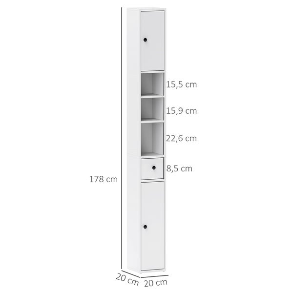 HOMCOM Badezimmerschrank schmal, Hochschrank Toilettenschrank mit Schublade, 3 offenen Fächern, verstellbarem Regal, Badschrank für kleine Räume, Badezimmer, Wohnzimmer 20 x 20 x 178 cm Weiß