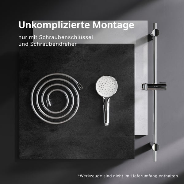 Duschset bestehend aus Handbrause, Brauseschlauch und Brausestange mit Hinweis zur einfachen Montage mittels Schraubenschlüssel und Schraubendreher.