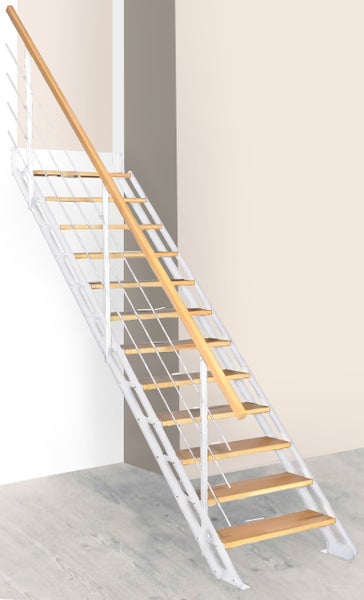 HANDYSTAIRS gerade Treppe „Synth2“ – Metalltreppe (weiß) mit 7 Stufen aus Kiefernholz – Höhe 1486 – 1696 mm