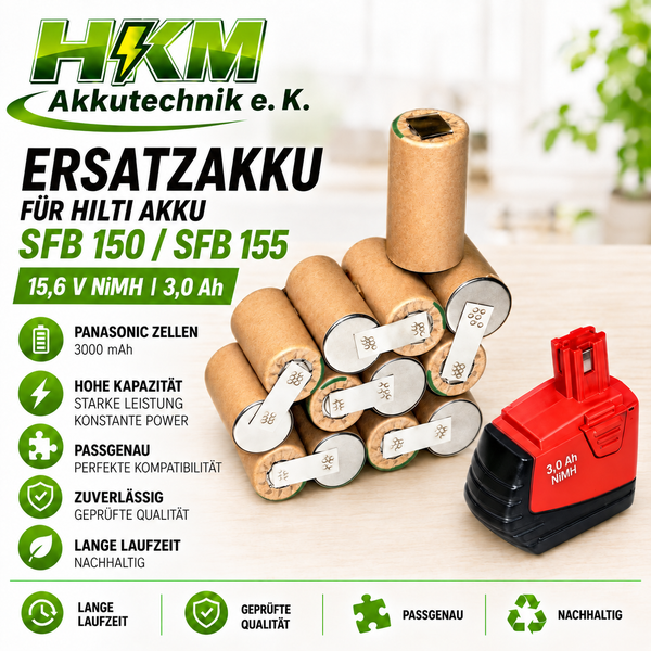 HKM Akkutechnik Ersatzakku für Hilti SFB 150 und SFB 155, 15,6 Volt Nickel-Metallhydrid Akku mit 3,0 Amperestunden Kapazität und Panasonic Zellen.
