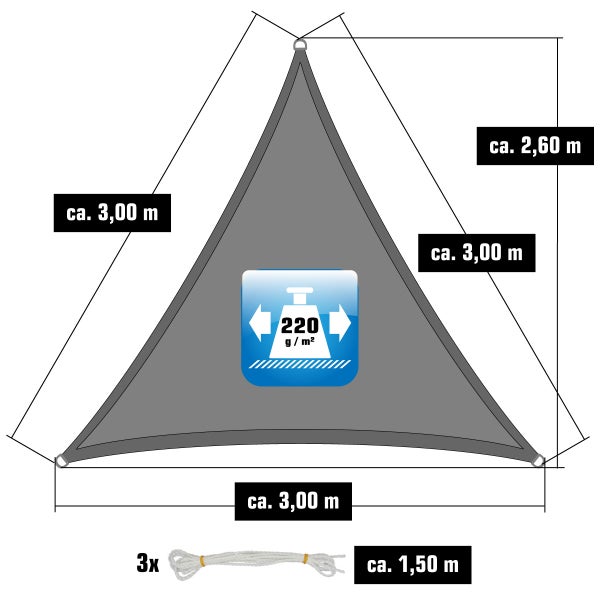 Dreieckiges Sonnensegel, Maße circa 3.00 mal 3.00 mal 3.00 Meter, Höhe circa 2.60 Meter, 220 Gramm pro Quadratmeter, inklusive 3 Seilen.