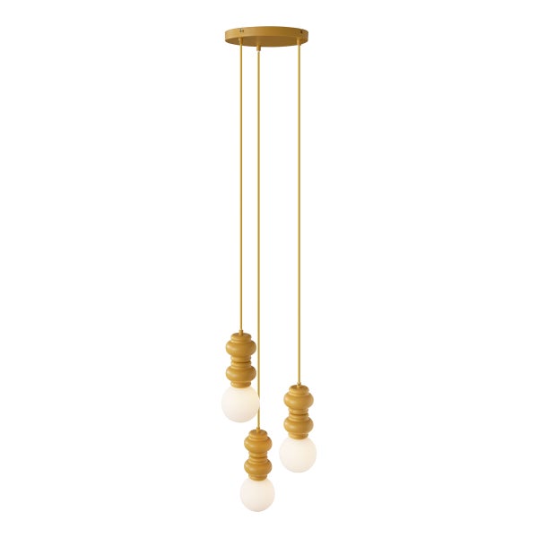 Dreiflammige Pendelleuchte mit Holzdetails und runden Lampenschirmen