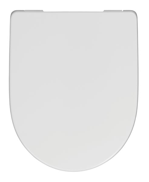 Ein weißer Toilettensitz mit Deckel in Standardform für eine Toilette.