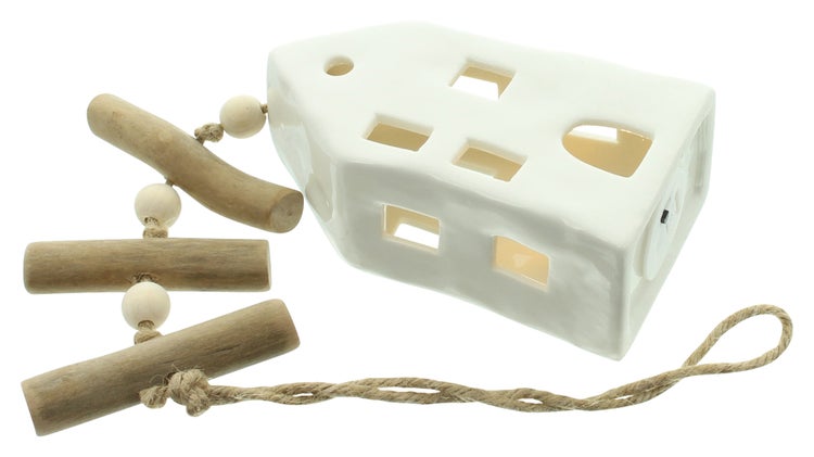 FRANK FLECHTWAREN | LED-Hänger Häuschen, 7,5 x 5 x 13 cm. GH 44 cm, PORZELLAN, HOLZ, HANF, KUNSTSTOFF
