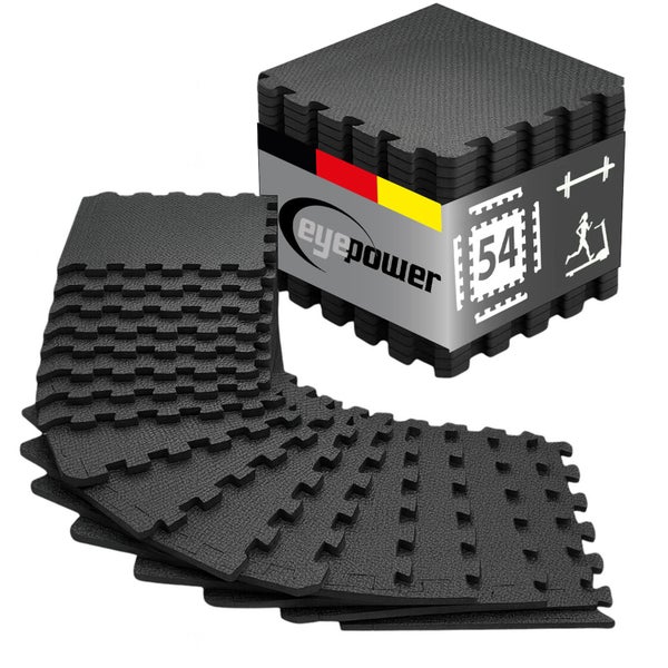 eyepower Logo. Set mit vierundfünfzig schwarzen Puzzleschutzmatten aus Schaumstoff mit verzahnten Rändern für Fitness.