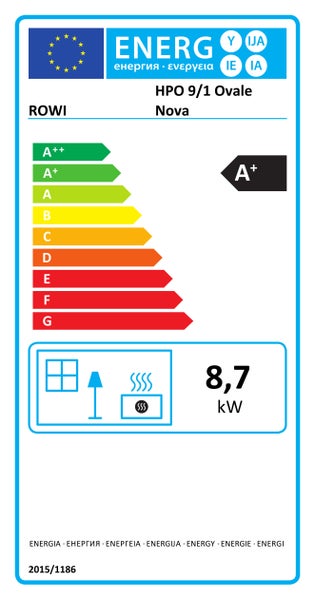 EU Energieeffizienzlabel für ROWI HPO 9/1 Ovale Nova Kaminofen mit Energieeffizienzklasse A plus und 8,7 Kilowatt Nennwärmeleistung.