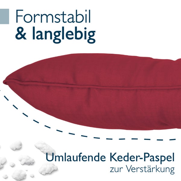 Detailansicht eines formstabilen und langlebigen Kissens mit umlaufender Keder-Paspel zur Verstärkung.