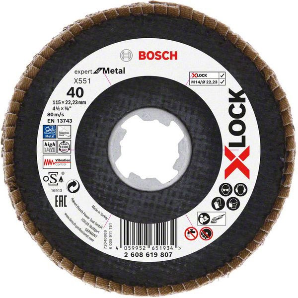 Bosch X-LOCK-Fächerschleifscheibe X551, Expert for Metal, K: 40, Scheibend.: 115 mm - 2608619807