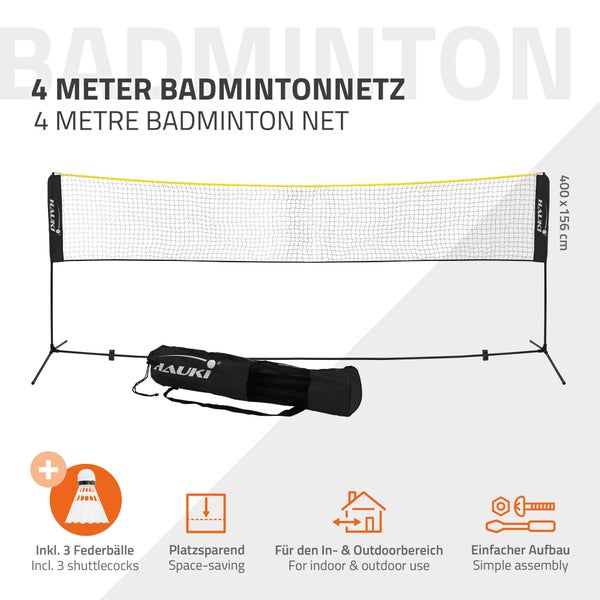 Hauki Badminton Netz, Tennisnetz 400cm, Schwarz, H156cm, Federballnetz Set inkl. 3x Federball, Transporttasche, stabilem Eisen-Gestell, Tragbares Volleyballnetz, Trainingsnetz Indoor & Outdoor, Garten