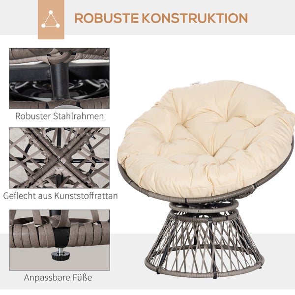Papasansessel mit beigem Kissen, grauem Geflecht aus Kunststoffrattan, robustem Stahlrahmen und anpassbaren Füßen.