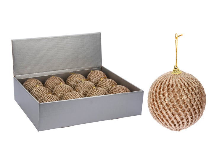 Satz von 12 Ornamenten: Champagner-Netz-Ornamente 10 cm