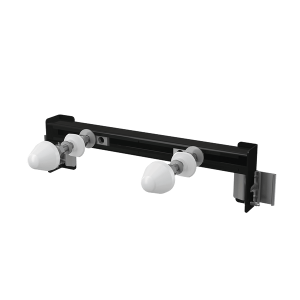 Schwarze Montageschiene für Wand-Toiletten oder Bidets mit weißen Befestigungsbolzen.