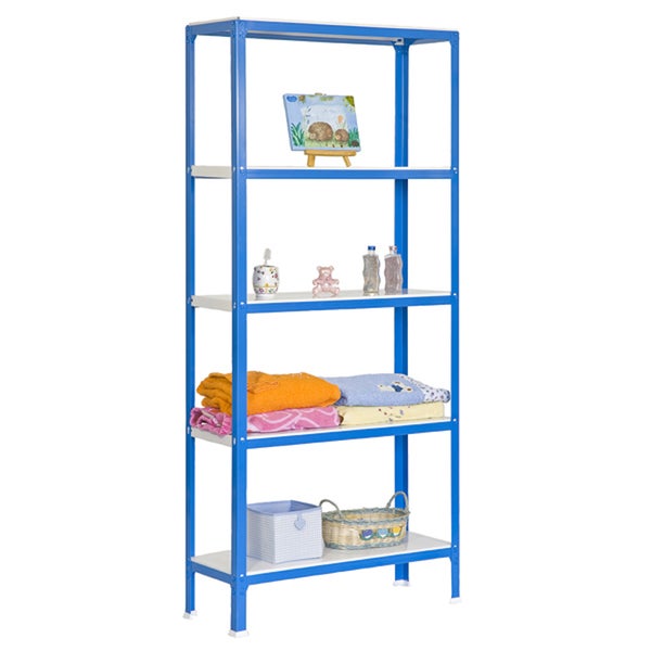 Blaues Metallregal mit fünf weißen Fachböden, befüllt mit Dekorationsartikeln und Handtüchern.