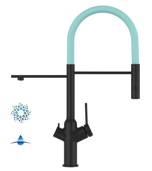 4 Wege Wasserhahn Küchenarmatur, BOD, mit 360° schwenkbarem Auslauf, abnehmbare 2 strahl Handbrause, Schwarz Matt / Türkis