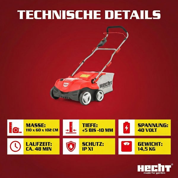 Hecht Vertikutierer mit technischen Details wie Maße, Tiefe, Laufzeit, Schutz, Spannung und Gewicht.