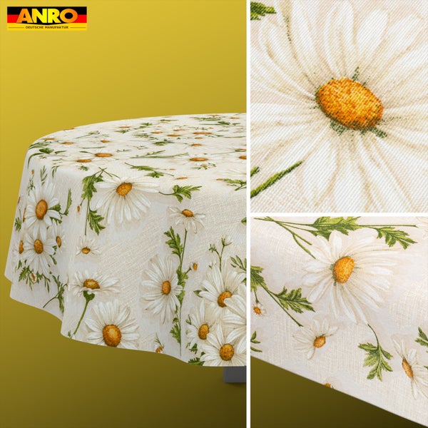 ANRO Deutsche Manufaktur Logo. Abwaschbare Tischdecke mit Gänseblümchen-Muster und Detailansichten der Materialstruktur.