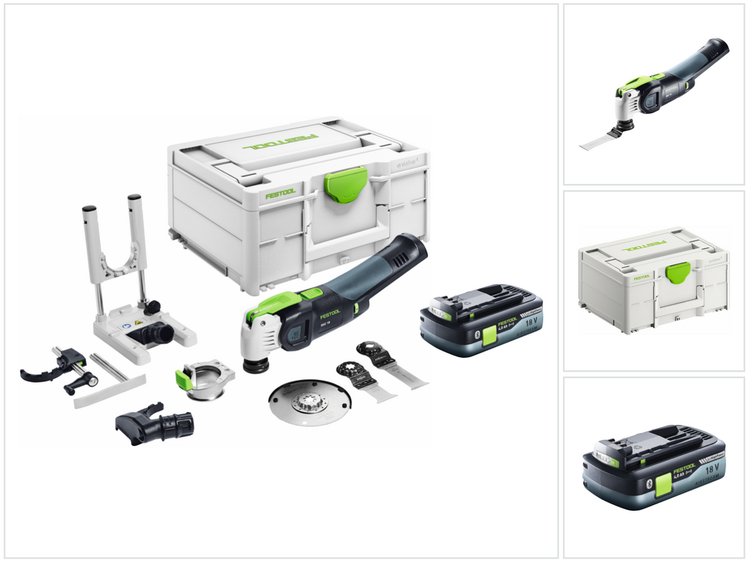 Festool VECTURO OSC 18 E-Basic Set Akku Oszillierer 18 V Starlock Max Brushless + 1x Akku 4,0 Ah + 7 tlg. Zubehör Set + Systainer - ohne Ladegerät