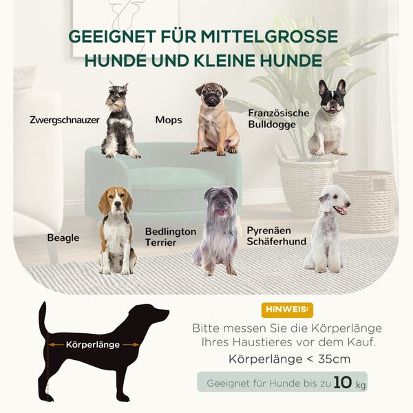PawHut Hundesofa, Haustiersofa mit Samtoptik, Katzensofa mit Kissen, Hundebett, Hundecouch mit Erhöhtem Design, Hundesessel mit Holzbeine, Grün, 68 x 68 x 35 cm