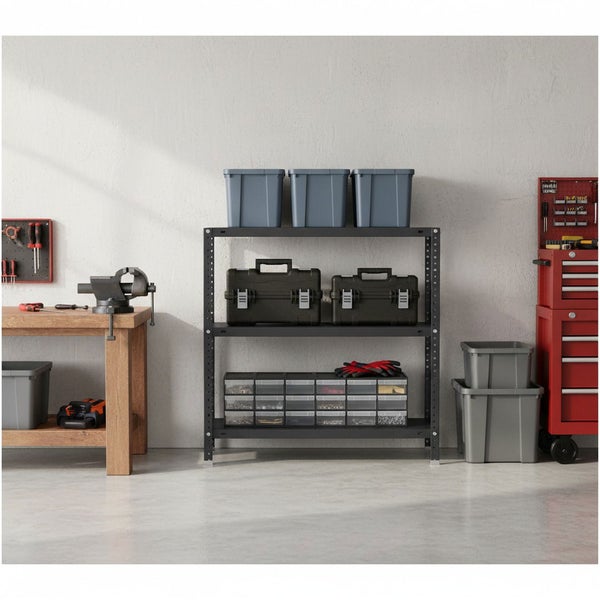 Organisierte Werkstatt mit schwarzem Schwerlastregal, hölzerner Werkbank mit Schraubstock und rotem Werkstattwagen.