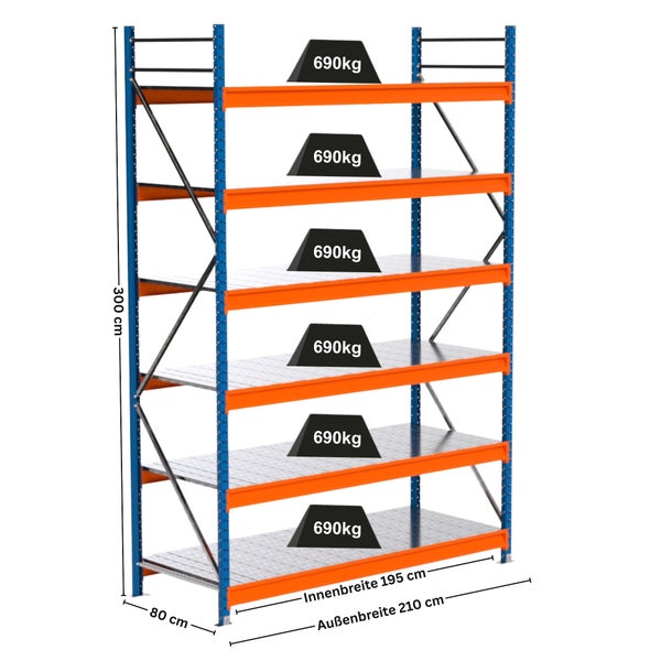 Metallregal mit sechs Regalböden, Traglast 690 Kilogramm pro Boden und den Abmessungen 300 mal 210 mal 80 Zentimeter