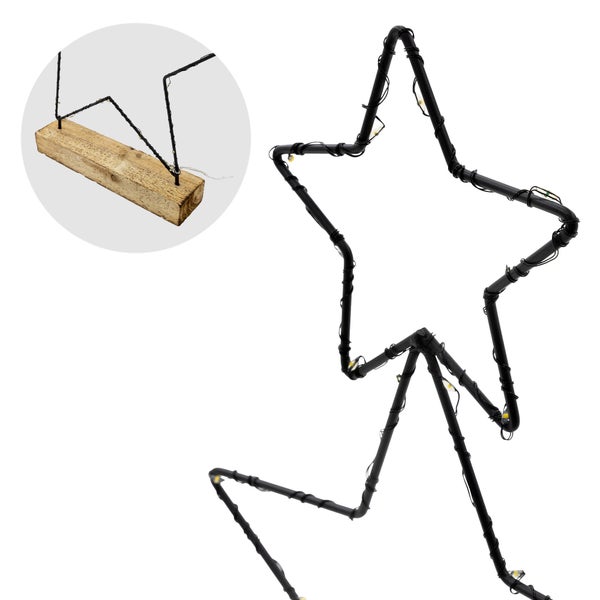 ECD Germany 3x LED Deko Weihnachtsstern übereinander mit 40 warmweißen LEDs auf Holzblock, 57cm, Schwarz, batteriebetrieben, Metall, Dreistern mit Beleuchtung, Timer, Innen, Weihnachtsdeko Fensterdeko