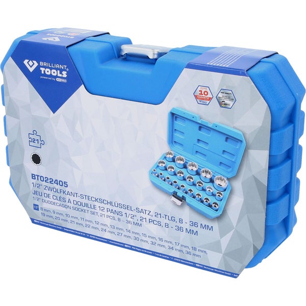 Brilliant Tools 1/2-Zoll Zwölfkant Steckschlüsselsatz, 21-teilig, 8 bis 36 Millimeter im Werkzeugkoffer