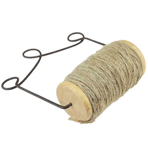Spule mit Jutegarn und Halterung