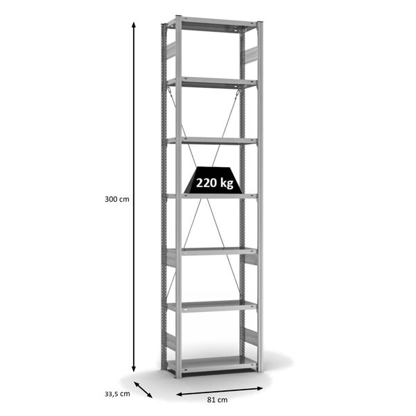 PROREGAL Fachbodenregal Stecksystem T-Profil Medium-Duty Grundregal HxBxT 300 x 75 x 30 cm 7 Ebenen Fachlast 220 kg Einseitig Nutzbar Verzinkt