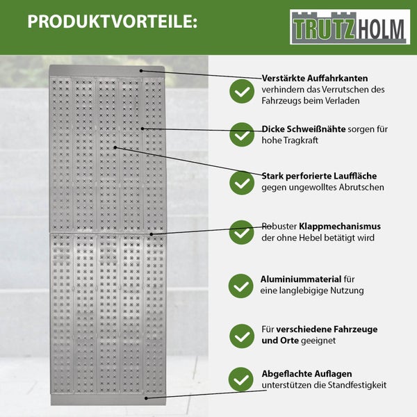 Produktvorteile der Trutzholm Auffahrrampe: verstärkte Auffahrkanten, dicke Schweissnähte, stark perforierte Lauffläche, robuster Klappmechanismus, Aluminiummaterial, geeignet für verschiedene Fahrzeuge und Orte, abgeflachte Auflagen.