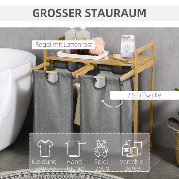 HOMCOM Bambus Wäschekorb 2 Fächer Wäschesammler mit Griff, 2 abnehmbaren Wäschesacke, Plattform, Wäschebox Wäschesortierer für Waschküche Schlafzimmer Badezimmer Natur+Grau