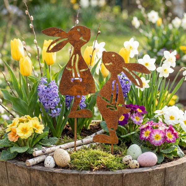 Zwei Osterhasen aus Edelrost als Gartenstecker in einem bepflanzten Holzkübel mit Frühlingsblumen und Ostereiern.