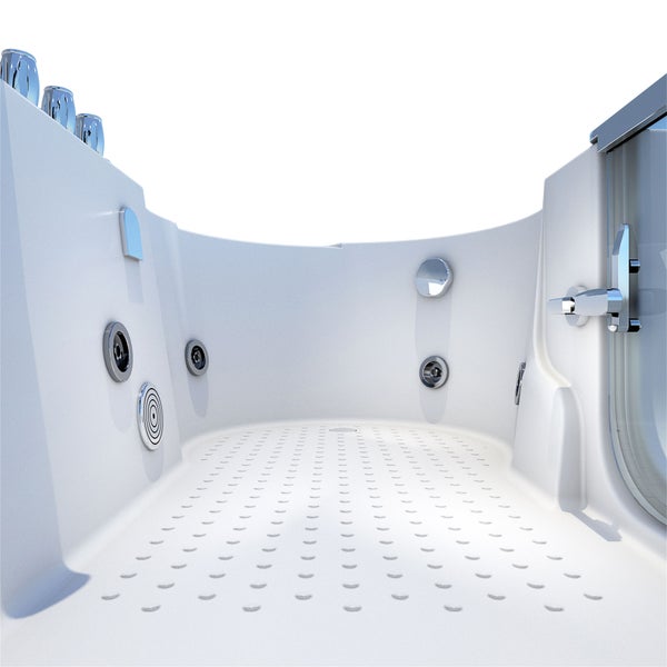 Innenansicht eines Whirlpools mit Düsen und Duschabtrennung