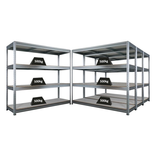Mehrere Metallregale mit jeweils vier Regalböden und einer Belastbarkeit von 500 Kilogramm.