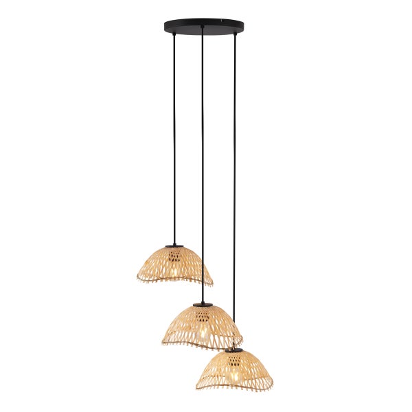 Hängeleuchte mit drei Lampenschirmen aus Rattan