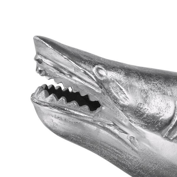 WOMO-DESIGN Hai-Skulptur mit standfuß 106x36x61 cm Unikat, aus poliertes Aluminium mit Nickel Finish, Silber Glänzend, Maritimes Design, Haifisch Statue Dekofigur Fisch Tierfiguren Wohndekoration