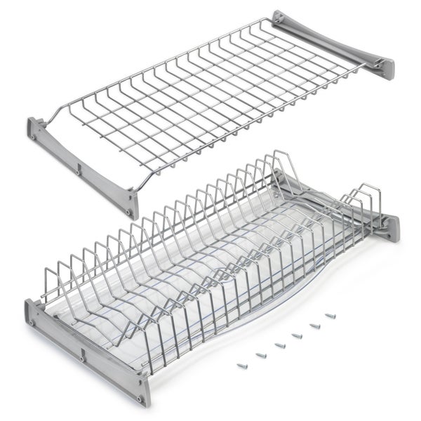 Geschirrabtropfset für Küchenschränke bestehend aus Tellerhalter mit Abtropfschale, Tassenregal und Befestigungsschrauben.