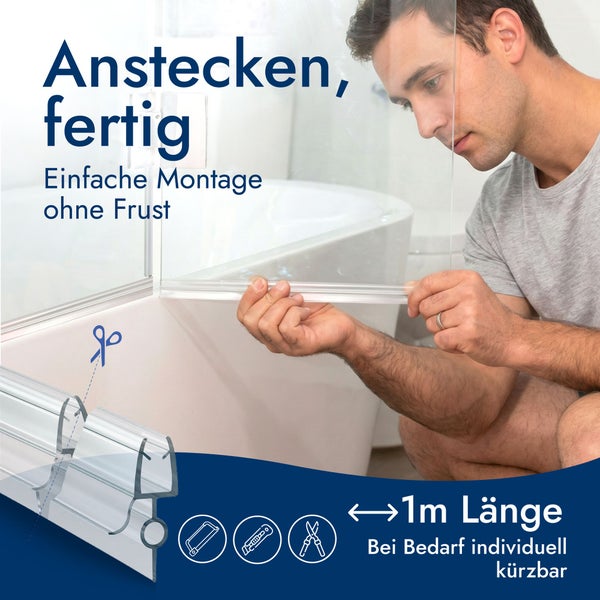 Ein Mann montiert eine transparente Duschdichtung an eine Glaswand. Die 1 Meter lange Dichtung ist einfach anzustecken und individuell kürzbar.