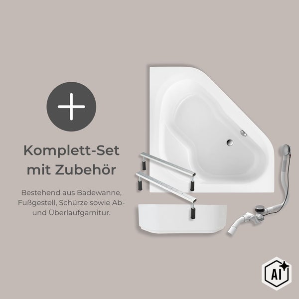 Eckbadewannen Komplettset inklusive Fußgestell, Schürze sowie Ab- und Überlaufgarnitur für die Badezimmerinstallation.